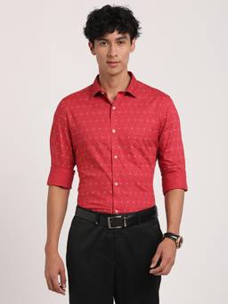 Turtle - Men Pure Cotton Slim Fit Printed Red Formal Shirt