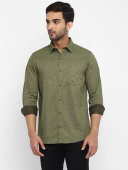 Turtle - Men Pure Cotton Slim Fit Printed Olive Green Formal Shirt