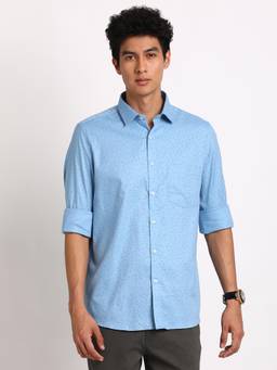 Turtle - Men Pure Cotton Slim Fit Printed Light Blue Formal Shirt