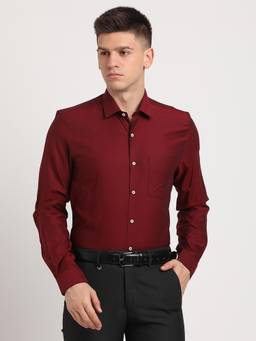 Turtle - Men Pure Cotton Slim Fit Dobby Print Maroon Formal Shirt