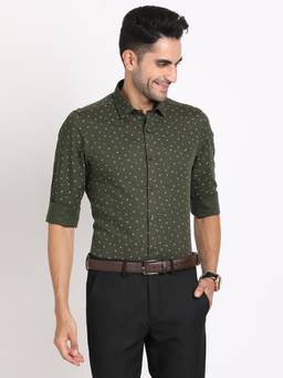 Turtle - Men Cotton Linen Slim Fit Printed Dark Green Formal Shirt