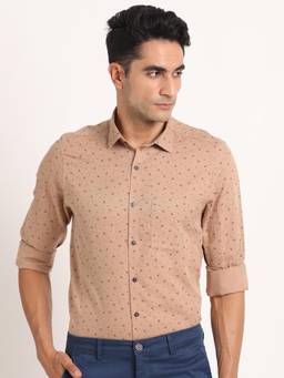 Turtle - Men Cotton Linen Slim Fit Printed Brown Formal Shirt