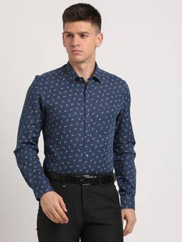 Turtle - Men Cotton Linen Slim Fit Printed Blue Formal Shirt