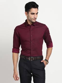 Turtle - Men Pure Cotton Slim Fit Self Design Wine Formal Shirt