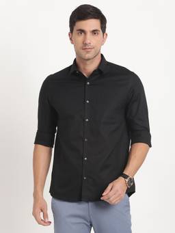 Turtle - Men Pure Cotton Slim Fit Self Design Black Formal Shirt
