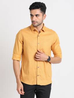 Turtle - Men Pure Cotton Slim Fit Printed Mustard Formal Shirt