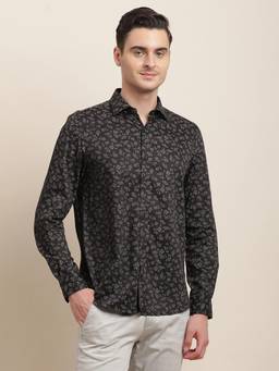 Turtle - Men Cotton Tencel Slim Fit Printed Black Party Shirt