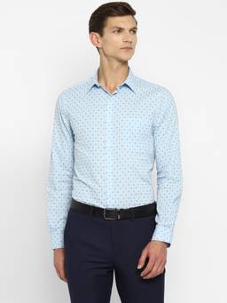 Turtle - Men Cotton Linen Slim Fit Printed Light Blue Formal Shirt