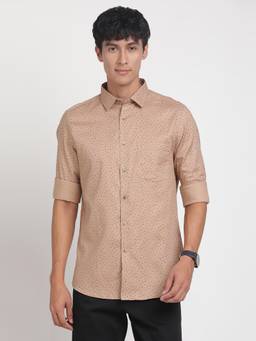 Turtle - Men Pure Cotton Slim Fit Printed Brown Formal Shirt
