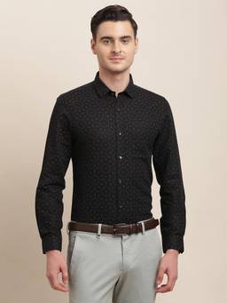 Turtle - Men Cotton Linen Slim Fit Printed Black Formal Shirt