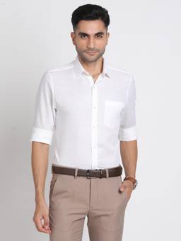 Turtle - Men Cotton Linen Slim Fit Solid White Formal Shirt