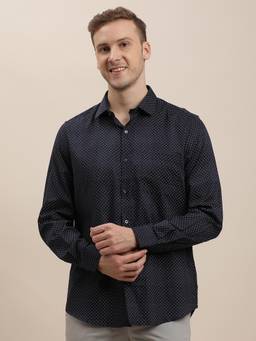 Turtle - Men Cotton Tencel Slim Fit Printed Navy Formal Shirt