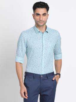 Turtle - Men Cotton Linen Slim Fit Printed Light Blue Formal Shirt