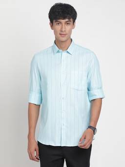 Turtle - Men Pure Cotton Slim Fit Stripe Sky Blue Formal Shirt