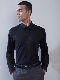 Turtle - Men Pure Cotton Slim Fit Self Design Navy Blue Formal Shirt