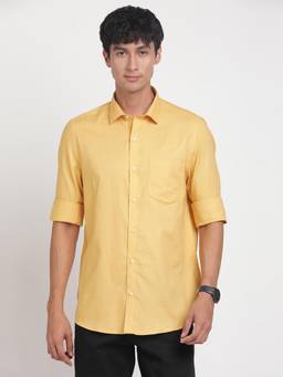 Turtle - Men Pure Cotton Slim Fit Printed Mustard Formal Shirt