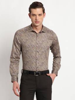 Turtle - Men Cotton Tencel Slim Fit Printed Brown Party Shirt