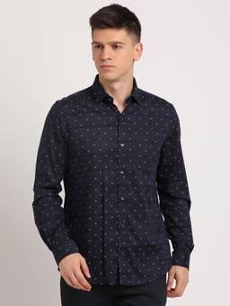 Turtle - Men Cotton Tencel Slim Fit Printed Blue Formal Shirt