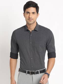 Turtle - Men Cotton Tencel Slim Fit Printed Black Formal Shirt