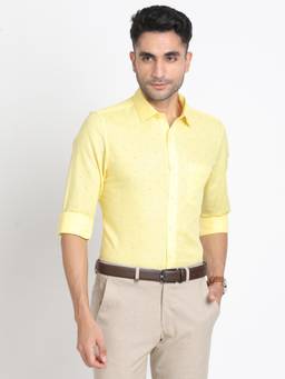 Turtle - Men Cotton Linen Slim Fit Printed Lemon Yellow Formal Shirt