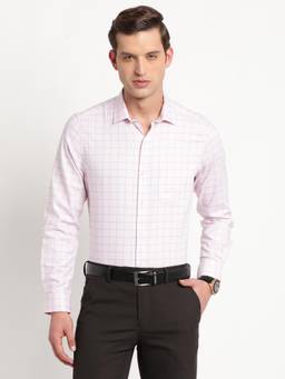 Turtle - Men Pure Cotton Slim Fit Checkered Light Pink Formal Shirt