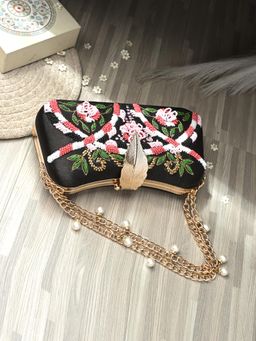 Toobacraft - Women Beautiful Bling Embellished Sequined Black Clutch with Detachable Strap