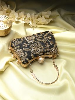 Toobacraft - Women Beautiful Bling Embellished Sequined Black Clutch with Detachable Strap