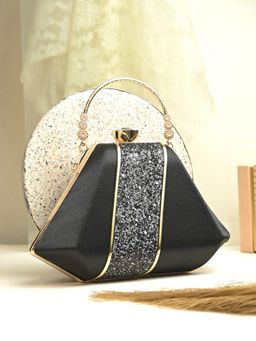 Toobacraft - Women Beautiful Bling Embellished Sequined Black Clutch with Detachable Strap