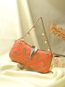 Toobacraft - Women Beautiful Bling Embroidered Peach Clutch with Detachable Strap