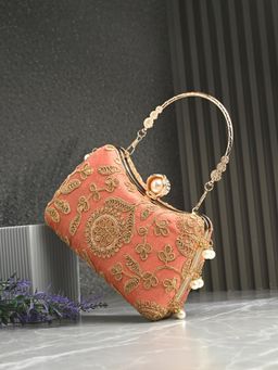 Toobacraft - Women Beautiful Bling Embroidered Peach Clutch with Detachable Strap