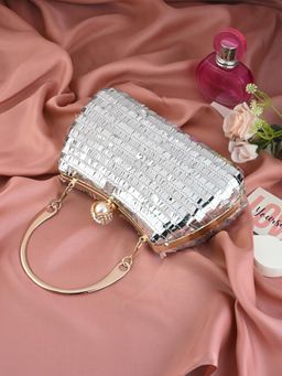 Toobacraft - Women Beautiful Bling Embellished Sequined Silver Clutch with Detachable Strap