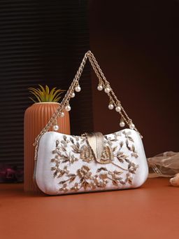 Toobacraft - Women Beautiful Bling Embellished Sequined White Clutch with Detachable Strap