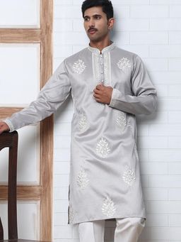 Jompers - Men Silver Silk Mandarin Neck Embroidered Kurta