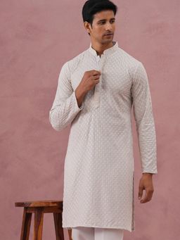 Jompers - Men Grey Viscose Rayon Mandarin Neck Embroidered Kurta
