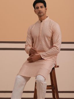 Jompers - Men Peach Viscose Rayon Mandarin Neck Embroidered Kurta