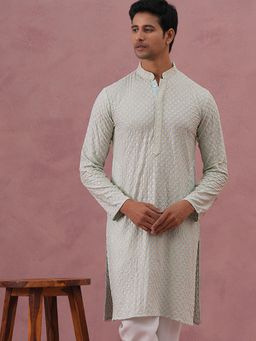 Jompers - Men Blue Viscose Rayon Mandarin Neck Embroidered Kurta