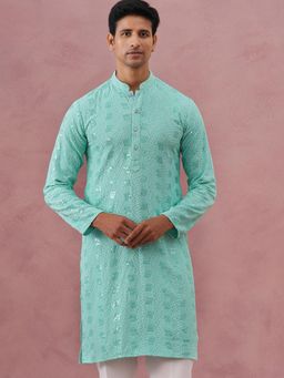 Jompers - Men Green Viscose Rayon Mandarin Neck Embroidered Kurta