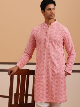 Jompers - Men Peach Viscose Rayon Mandarin Neck Embroidered Kurta