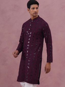 Jompers - Men Purple Viscose Rayon Mandarin Neck Embroidered Kurta