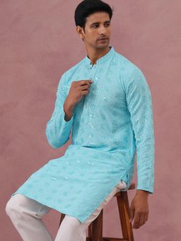 Jompers - Men Blue Viscose Rayon Mandarin Neck Embroidered Kurta