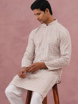 Jompers - Men Beige Viscose Rayon Mandarin Neck Embroidered Kurta