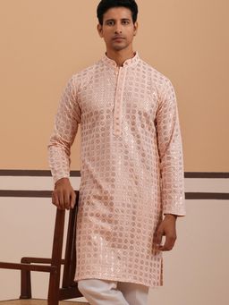 Jompers - Men Peach Viscose Rayon Mandarin Neck Embroidered Kurta