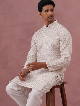 Jompers - Men White Viscose Rayon Mandarin Neck Embroidered Kurta