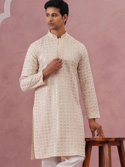 Jompers - Men Yellow Viscose Rayon Mandarin Neck Embroidered Kurta