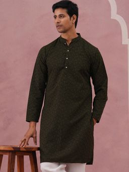 Jompers - Men Olive Cotton Mandarin Neck Embroidered Kurta