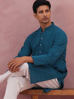 Jompers - Men Green Cotton Mandarin Neck Embroidered Kurta