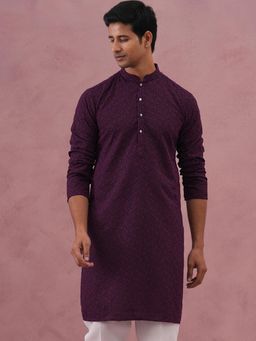 Jompers - Men Purple Cotton Mandarin Neck Embroidered Kurta