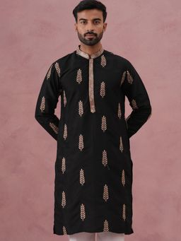 Jompers - Men Black Silk Mandarin Neck Embroidered Kurta