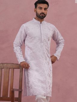 Jompers - Men Lavender Silk Mandarin Neck Embroidered Kurta