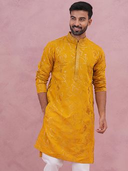 Jompers - Men Mustard Silk Mandarin Neck Embroidered Kurta